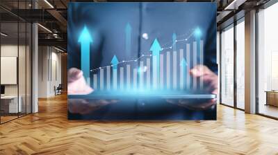 business, chart, graph, growth, success, analysis, diagram, digital, finance, investment. close up to hand of businessman, hold the bar chart from finance investment on tablet, direct variation graph. Wall mural