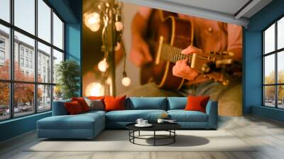 Close-up of musicians, guitarists playing blues at outdoor concerts, musical concept. Wall mural