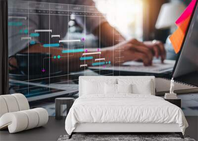 Concept marketing plan, Project management schedule plan diagram, sales, marketing. Businessman is schedule a work plan each month on laptop computer at workplace. Wall mural