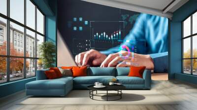 innovation, accounting, finance, investment, analysis, economy, hologram, chart, diagram, graph. A man is typing on a laptop with a screen displaying graphs and numbers. likely analyzing data. Wall mural