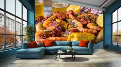 Boiled shrimp on a platter Southern US style. Low country boil. Wall mural