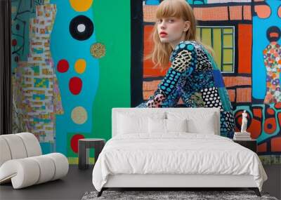 Fashion model showcase bold prints in a colorful cityscape Wall mural