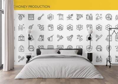 Bee Honey Production Icons Set. 70 Editable Vector Icons, Various Aspects of Beekeeping and Honey Production, Apiary Business, Beehives, Honeycombs, Bees, Honey Jars, Beekeeper Equipment, Flowers. Wall mural