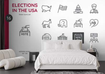 Elections in the USA Icons Set. Collections of Vector Symbols and Simple Isolated Icons for United States Politics, President Election Rally, American Landmarks, National flags and Voting Ballot Box.  Wall mural