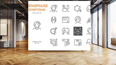 Menopause Symptoms Icons Set. Linear icons illustrating common symptoms of menopause such as hot flashes, mood swings, irregular periods, insomnia, weight gain, and joint pain.  Wall mural