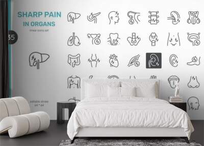 Sharp Pain in Human Organs Icon Set. Includes Symbols of Pain in Liver, Heart, Lungs, Brain, Spine, Muscles, Teeth, Joints, and More. Medical and Anatomy Outline Illustrations. Wall mural