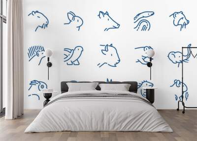 Wild Animals Outline Icons Set. Linear Symbols of  Animals for Web Design - mammal, bird, reptile, amphibian, hedgehog, wolf, llama, frog, elk, donkey, rat, chameleon. Wall mural