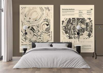 Japanese modern art poster set with text and abstract shapes. Black and beige vector illustration. Wall mural