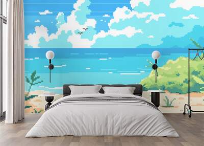 Pixel art background with 8-bit style Beach and Sea. Summer Pixel Game Illustration with Sky, Clouds, Ocean, Waves, Birds Sand Seaside. Summer Tropical Pixel Art Travel Landscape.  Wall mural