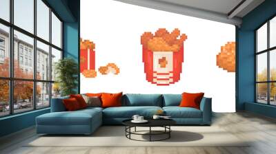 Pixel art fried chicken set illustrations. 8 bit style retro icons of chicken nuggets, bucket of spicy chicken legs and deep-fried leg. Vector fast food chicken for game, decoration, sticker or web. 
 Wall mural