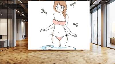 Young woman in a swimsuit standing in the sea. Summer beach illustration with young anime woman in sexy bikini swimwear. Natural vector picture with dragonflies around. Wall mural