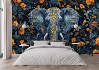 Elephant with Floral Ornaments in Botanical Background Wall mural