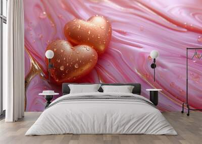 Two Rose Gold Hearts with Water Droplets on a Pink Marbled Surface, Creating a Romantic and Elegant Valentine’s Day Design Wall mural