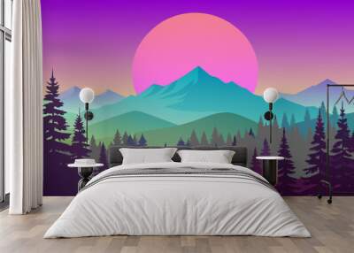 Nature’s Palette: A Vibrant Vector Illustration of a Colorful Mountain Landscape with Sun and Trees Wall mural