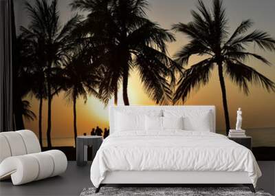 palm trees at sunset | silhouette of trees at sunset | sunset in the palm | sun between palm | silhouette of a persons on the beach  Wall mural