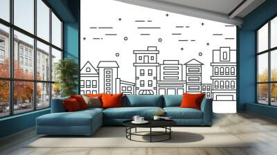 Thin line city landscape with trees. Flat design vector illustration Wall mural