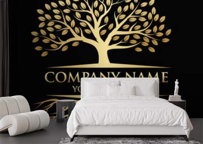 Tree and roots logo illustration. Tree of life logo design inspiration. In gold color Wall mural