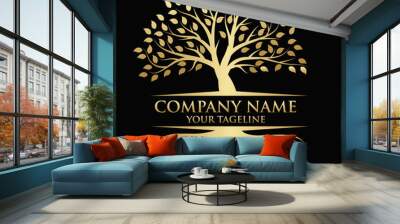 Tree and roots logo illustration. Tree of life logo design inspiration. In gold color Wall mural