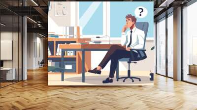 A thoughtful man in a white shirt sits at his office desk, lost in contemplation amidst a serene work environment, with a question mark symbolizing his deep thoughts or decisions. Wall mural