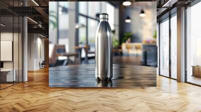 aluminium drinking water bottle on a wooden table generated by AI  Wall mural