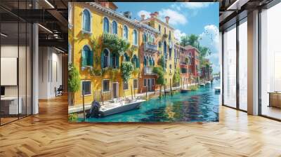 Colorful Buildings in city near river during summer Wall mural