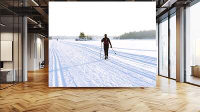 Female skier skiing on the ice of Lake Saimaa, Lappeenranta, Finland Wall mural