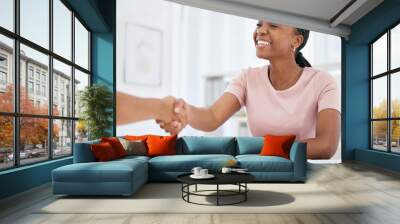 Business, black woman and handshake, deal and HR hiring in meeting, interview and consulting, support and teamwork success. Happy employee shaking hands, recruitment partnership and b2b company trust Wall mural