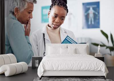 Brochure, consulting or doctor talking to patient for life insurance or healthcare services or medical data. Medicine, nurse helping or mature woman learning info on pamphlet in hospital for advice Wall mural