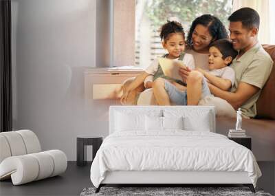 Family, children and tablet on sofa in e learning, video streaming and school or online education with parents love and support. Happy mother, father and kids on couch, digital tech and home mockup Wall mural