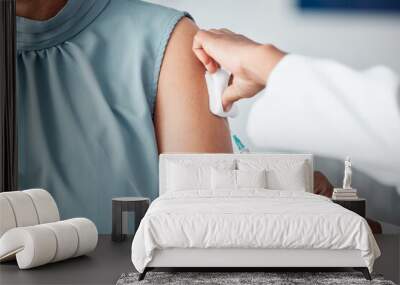 Hands, medical and doctor with patient for vaccine in a clinic for healthcare treatment for prevention. Closeup of a nurse doing a vaccination injection with a needle syringe in a medicare hospital. Wall mural