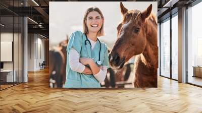 Happy horse doctor, portrait and woman at farm with arms crossed, care or smile for love, animal or nature. Vet, nurse and equine healthcare expert in sunshine, countryside and helping for wellness Wall mural