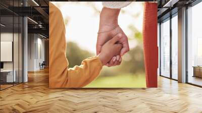 Mother, kid and holding hands for walking in park for support, trust and care together or bonding in nature. Love, comfort and parent help child in the morning sunshine with kindness on weekend Wall mural