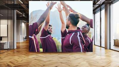 Raised hands, sports and excited people, rugby team building and solidarity support, teamwork or cooperation. Motivation, group celebration cheers and excited player smile for athlete challenge Wall mural