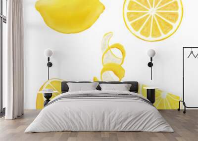 Set of juicy yellow whole lemon and slices of lemon isolated on a white background. Hand drawn watercolor elements for your design.  Wall mural