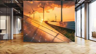  Solar panels and wind turbines at sunset. Wall mural