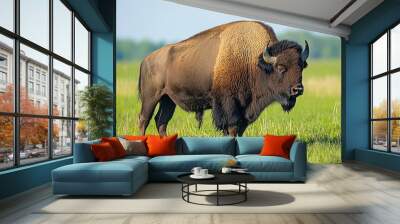 A Bison Standing in a Field of Green Grass Wall mural