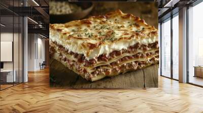 A Close-Up of Lasagna with Melted Cheese and Meat Sauce Wall mural