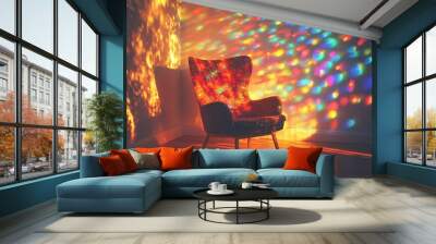 A colorful armchair in a room with a disco ball light reflection. Wall mural