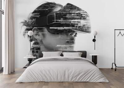 A Person Wearing VR Headset with Glitched Digital Overlay Wall mural