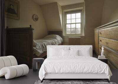 A Single Bed in a Room with a Wooden Dresser and a Window Wall mural