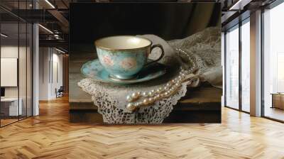 A Vintage Teacup, Saucer, and Pearl Necklace on Lace Wall mural