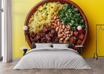 A wooden bowl filled with rice, beans, ground beef, diced tomatoes, and green onions. Wall mural