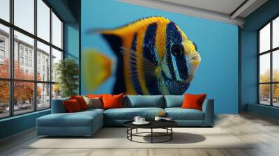 A Yellow and Blue Angelfish Swimming Against a Blue Background Wall mural