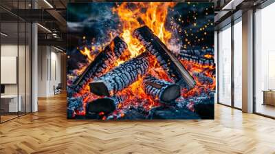 Burning Logs and Embers in a Campfire Wall mural