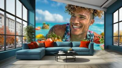 Carefree man surrounded by tropical fruits in crystal clear water Wall mural