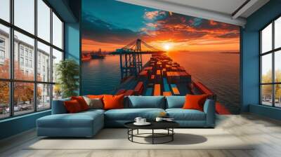 Cargo Ship at Sunset with Cranes and Containers Wall mural