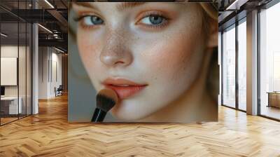 Close-up of a woman's face with freckles and a makeup brush on her lips Wall mural