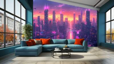 Futuristic Cityscape with Flying Cars at Sunset Wall mural