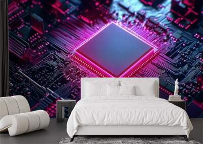 Glowing Pink Circuit Board with a Central Processor Wall mural