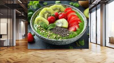 Green Smoothie Bowl Topped with Kiwi, Strawberries, Chia Seeds and Mint Wall mural